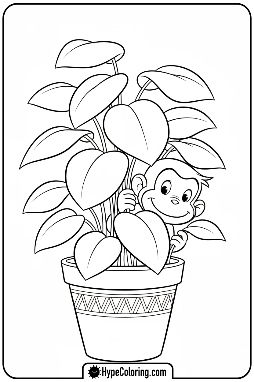 george-peeking-from-plant - curious george coloring pages