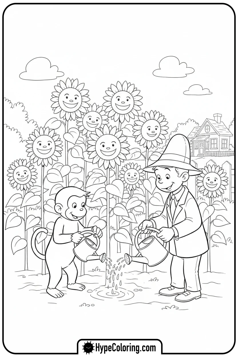 george-watering-sunflowers - curious george coloring pages