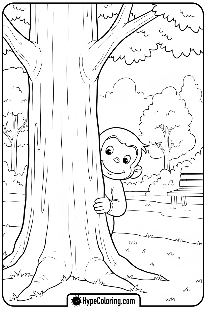 george-hiding-behind-tree - curious george coloring pages