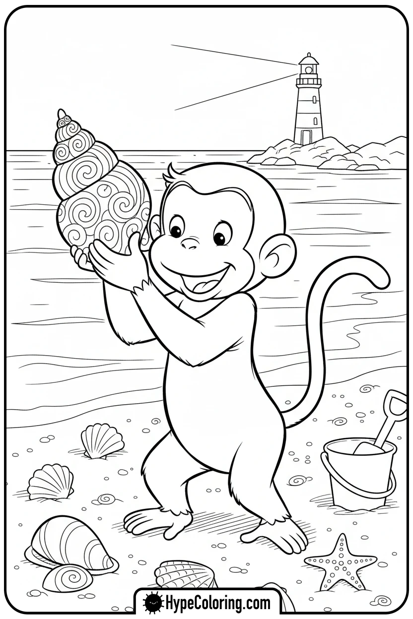 george-exploring-beach - curious george coloring pages