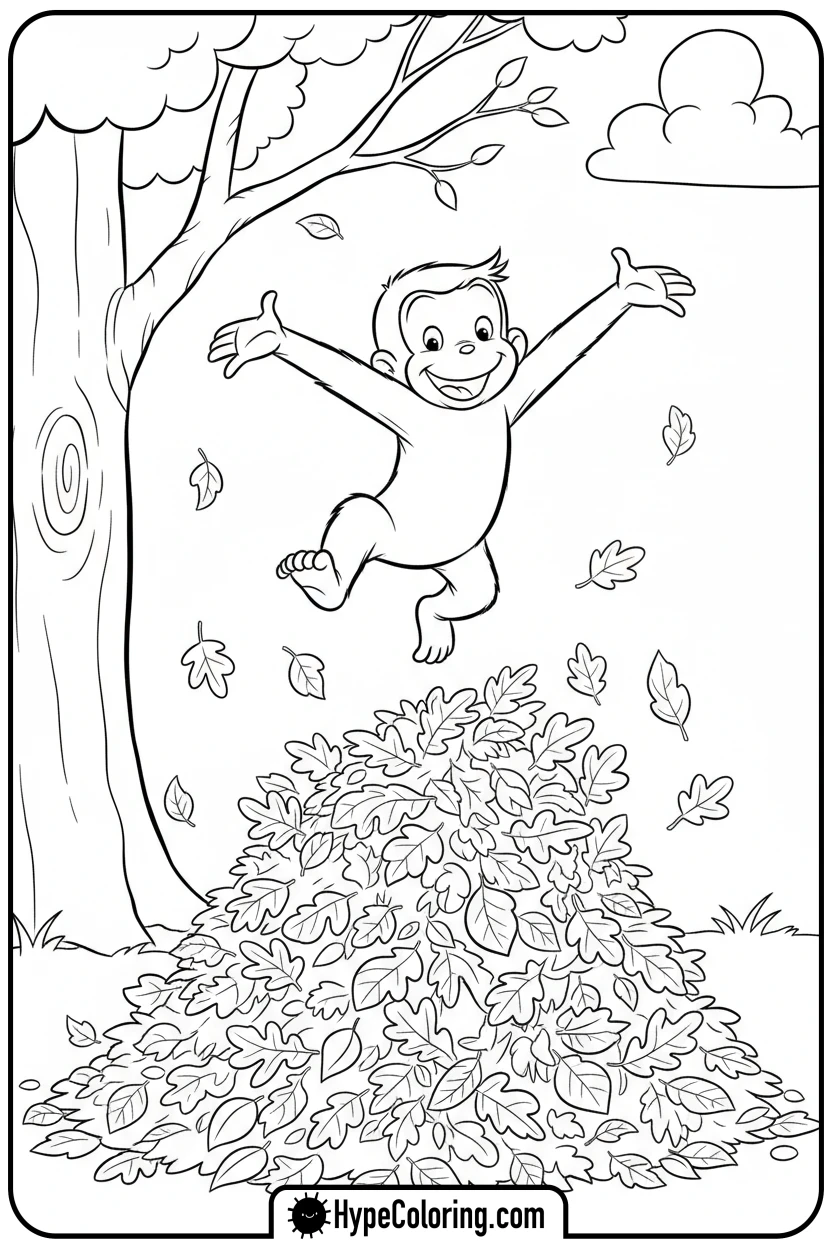 george-jumping-in-leaves - curious george coloring pages