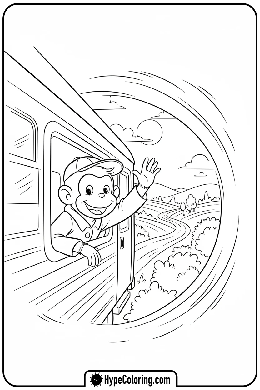 george-waving-from-train - curious george coloring pages