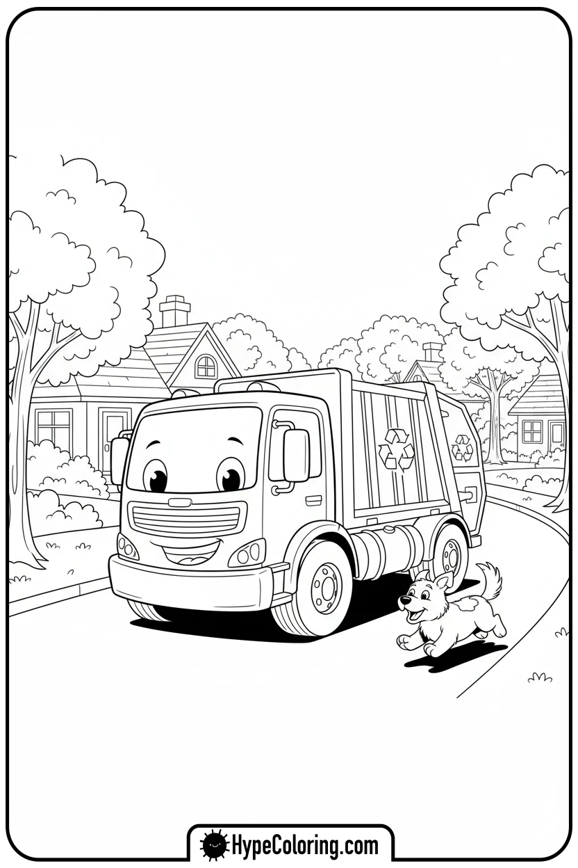 happy-garbage-truck-driving - garbage truck coloring page