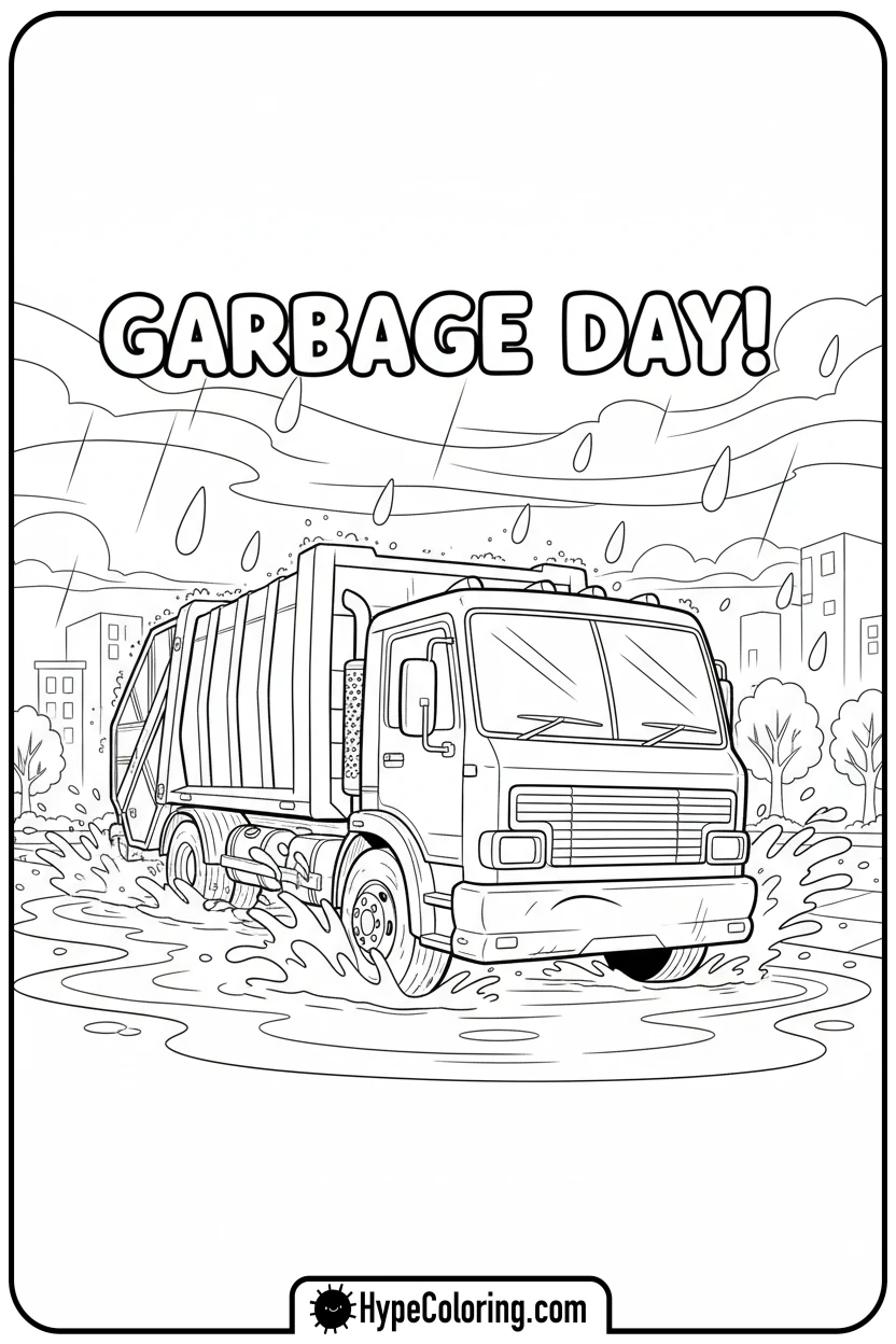 rainy-day-garbage-truck - garbage truck coloring page
