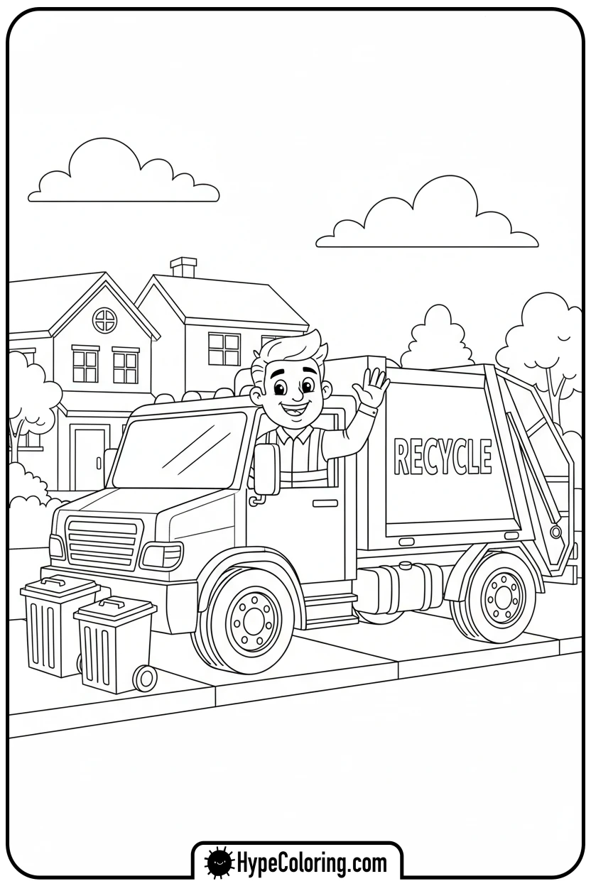 garbage-truck-and-driver-waving - garbage truck coloring page