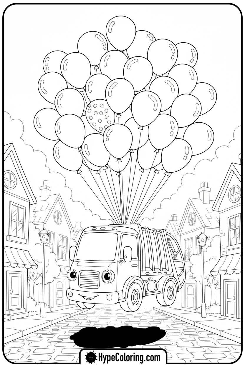 flying-garbage-truck-with-balloons - garbage truck coloring page