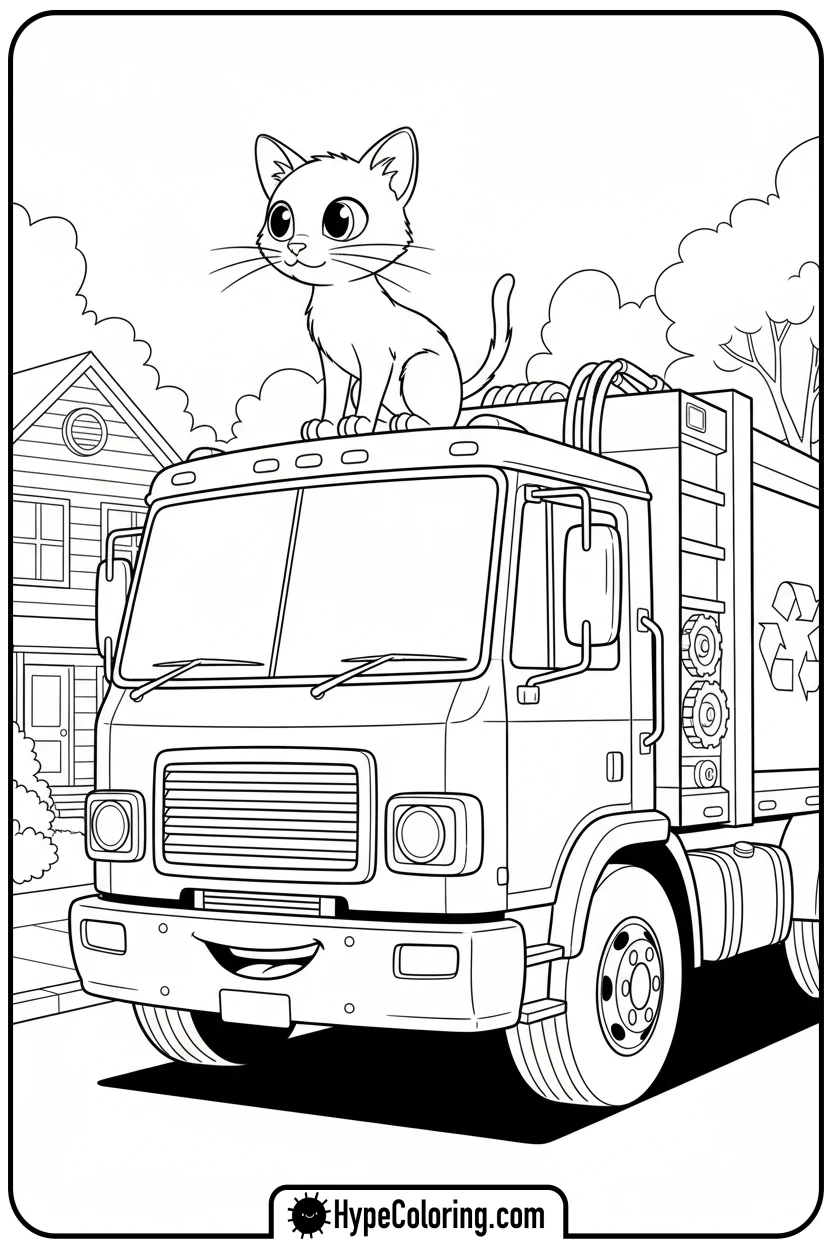 cat-on-garbage-truck - garbage truck coloring page