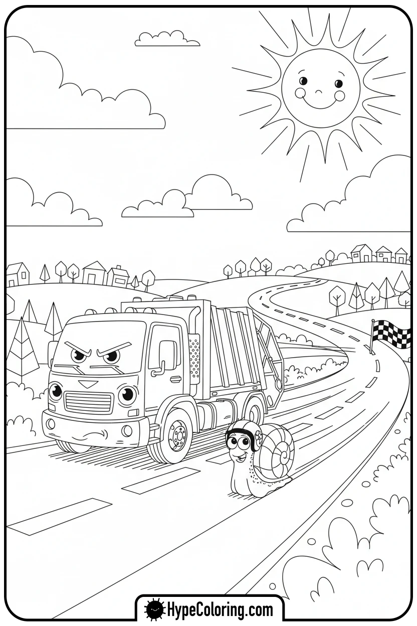 garbage-truck-racing-snail - garbage truck coloring page