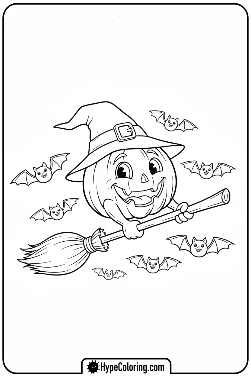 Click to download PDF smiling-pumpkin-flying-with-bats - october coloring pages