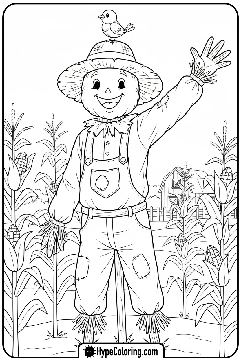 Click to download PDF scarecrow-waving-in-cornfield - october coloring pages