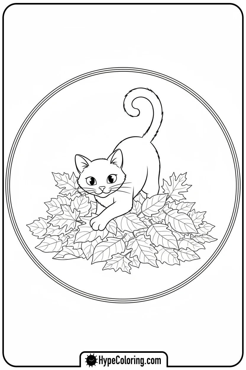 Click to download PDF cute-black-cat-in-leaf-pile - october coloring pages