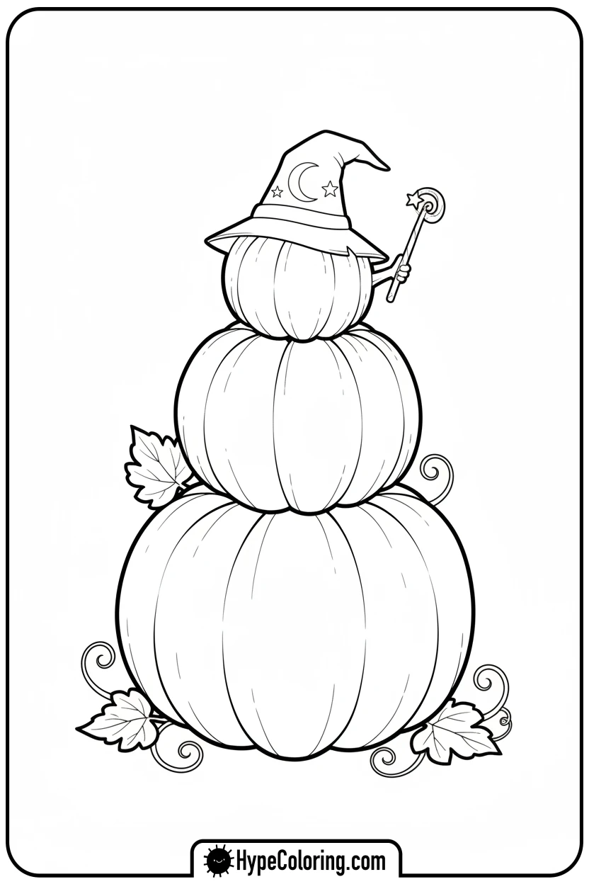 Click to download PDF stacked-pumpkins-with-wizard-hat - october coloring pages