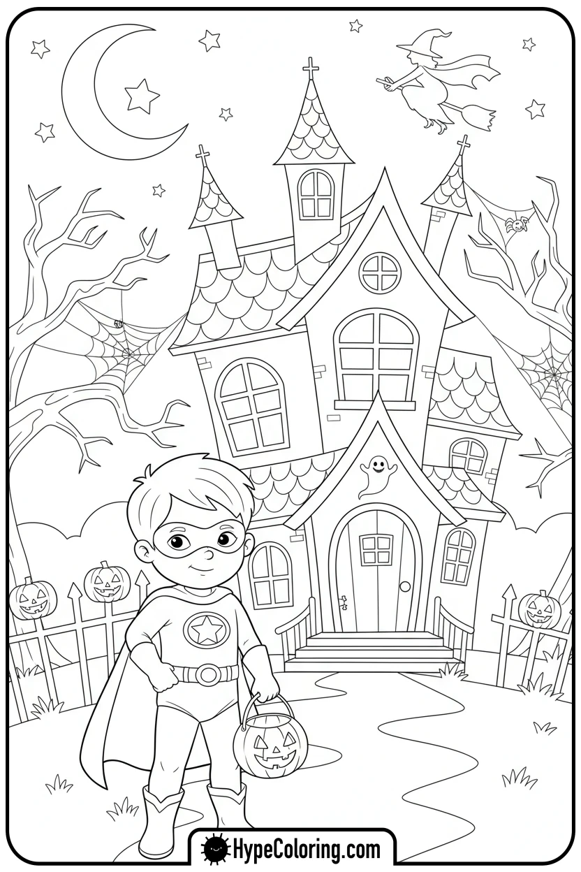Click to download PDF child-trick-or-treating-at-haunted-house - october coloring pages
