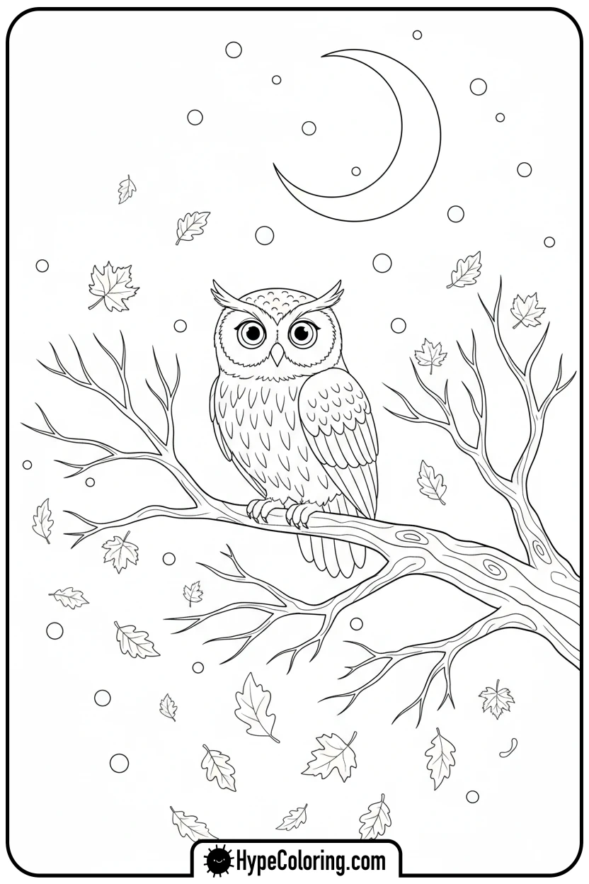 Click to download PDF owl-on-autumn-branch-with-moon - october coloring pages