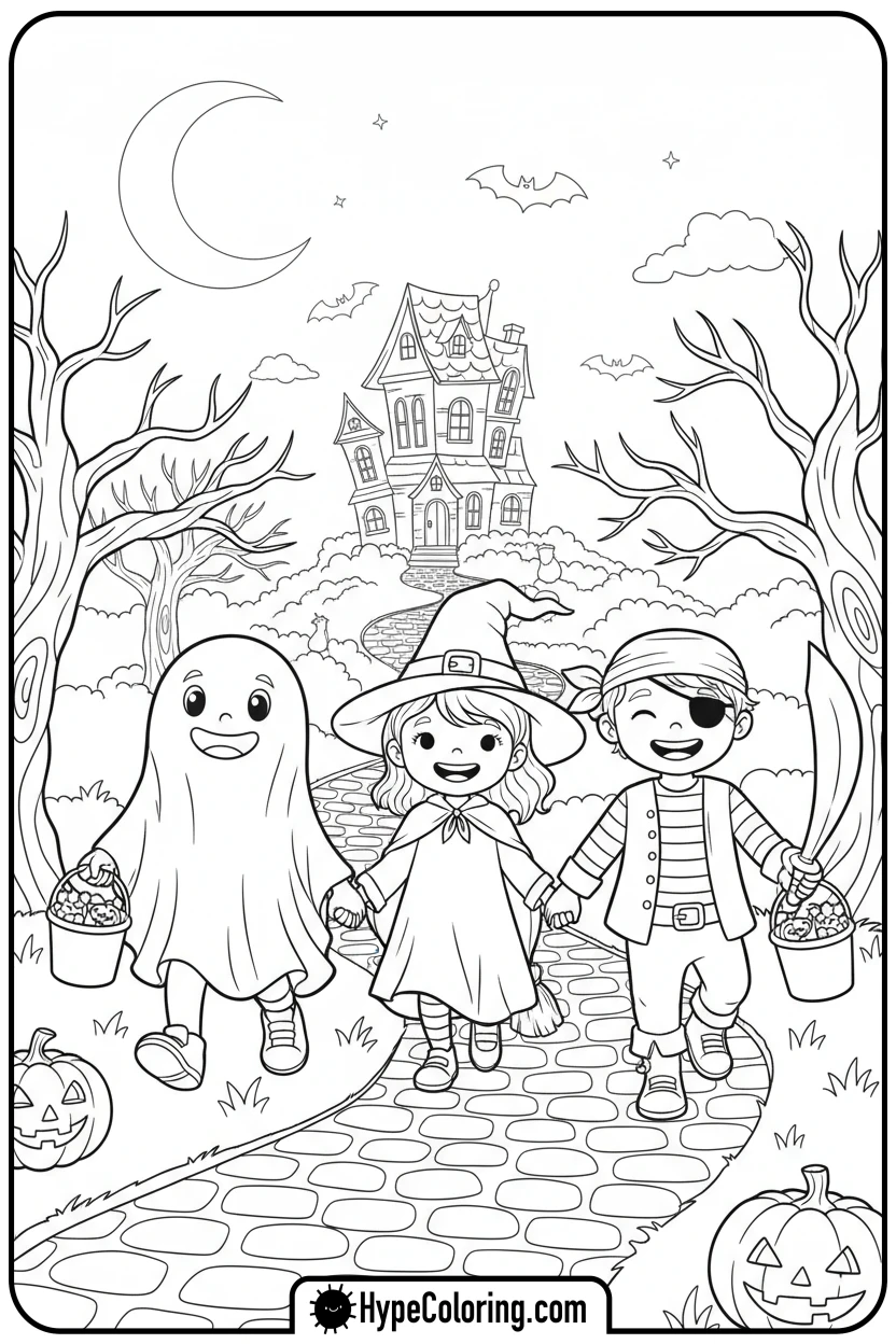 Click to download PDF children-in-costumes-walking - october coloring pages