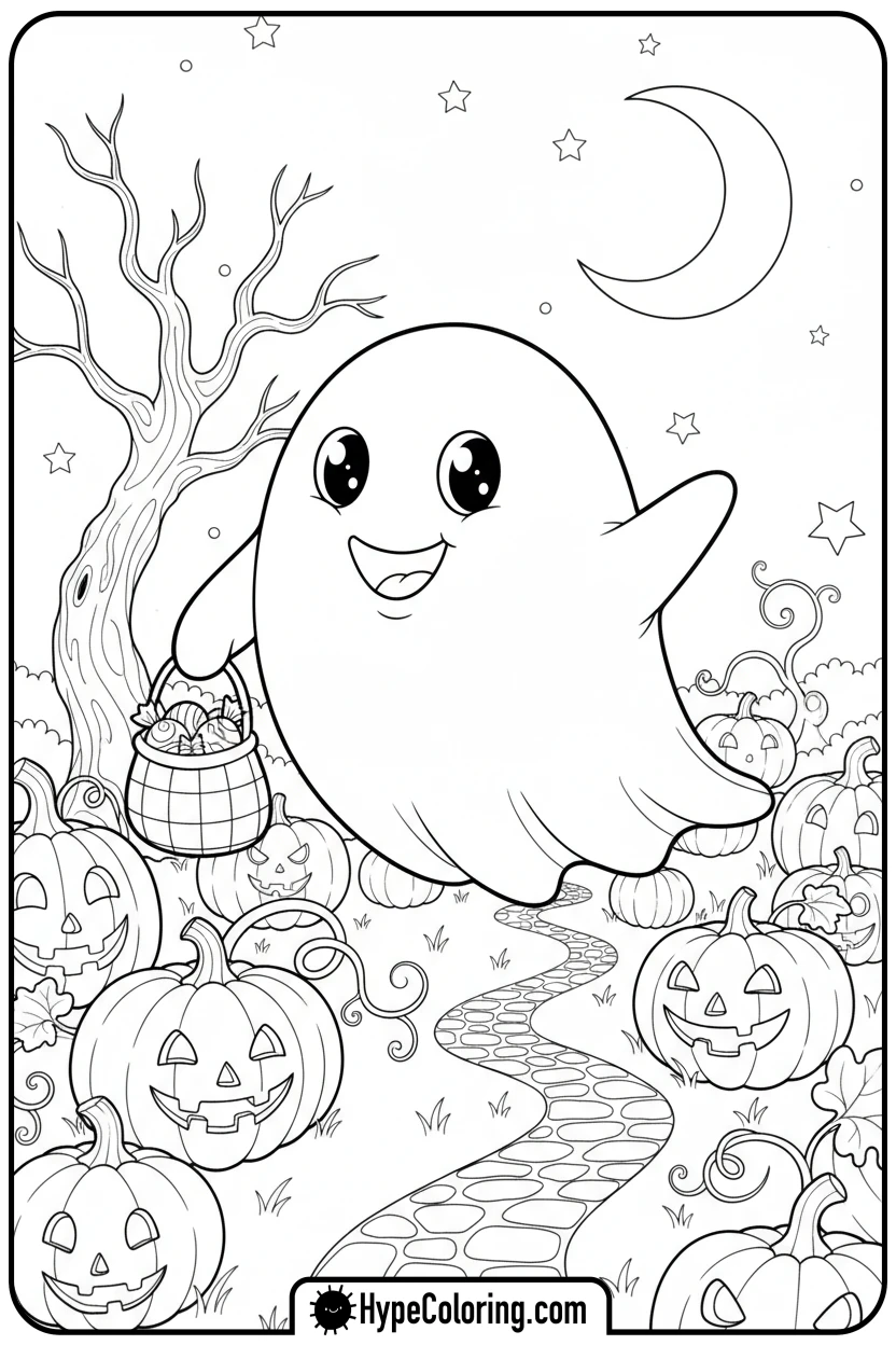 Click to download PDF friendly-ghost-in-pumpkin-patch - october coloring pages