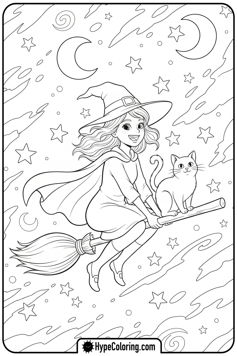 Click to download PDF cute-witch-and-cat-flying - october coloring pages