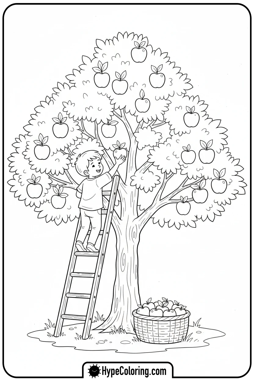 Click to download PDF child-picking-apples-from-tree - october coloring pages