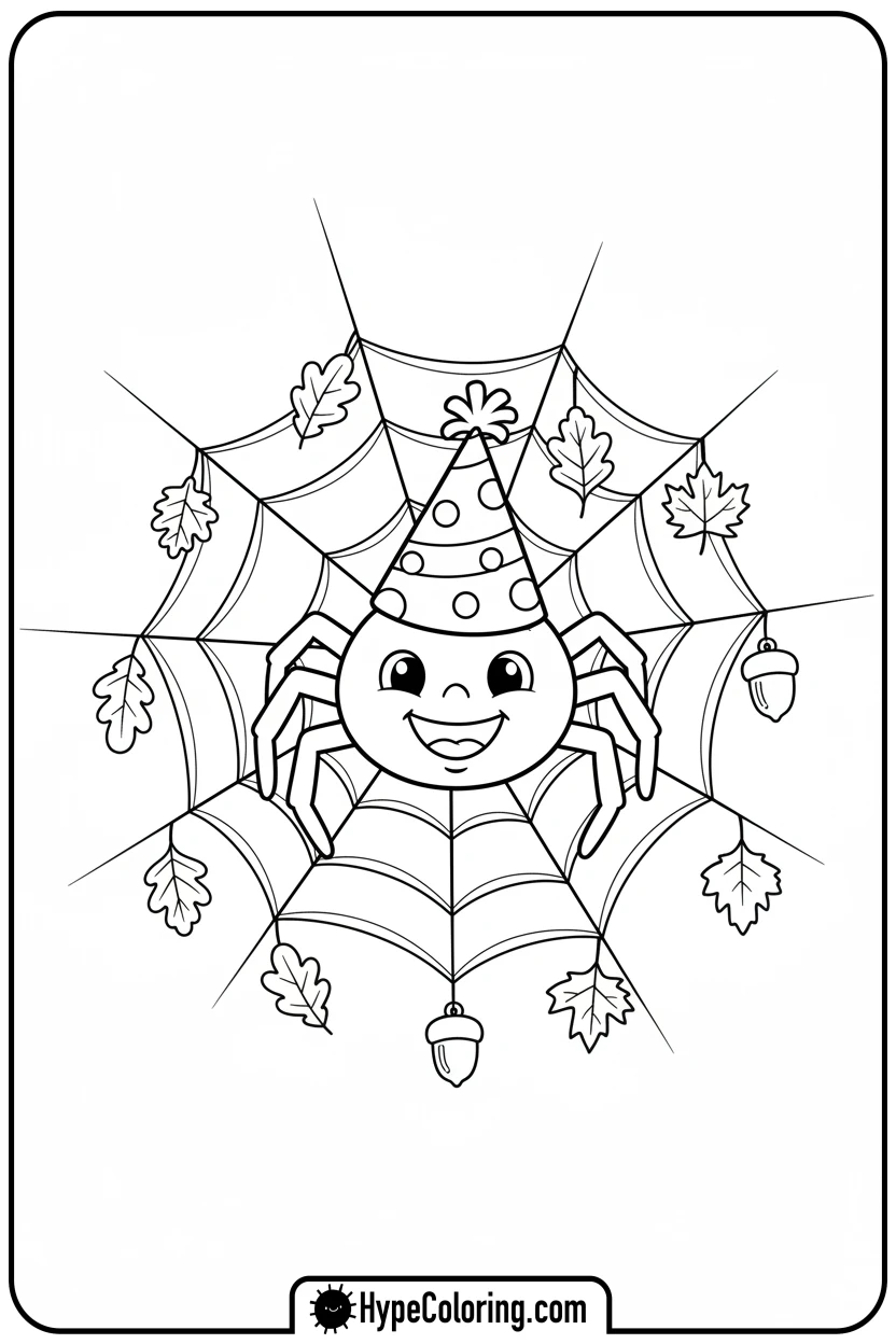 Click to download PDF happy-spider-on-leaf-decorated-web - october coloring pages
