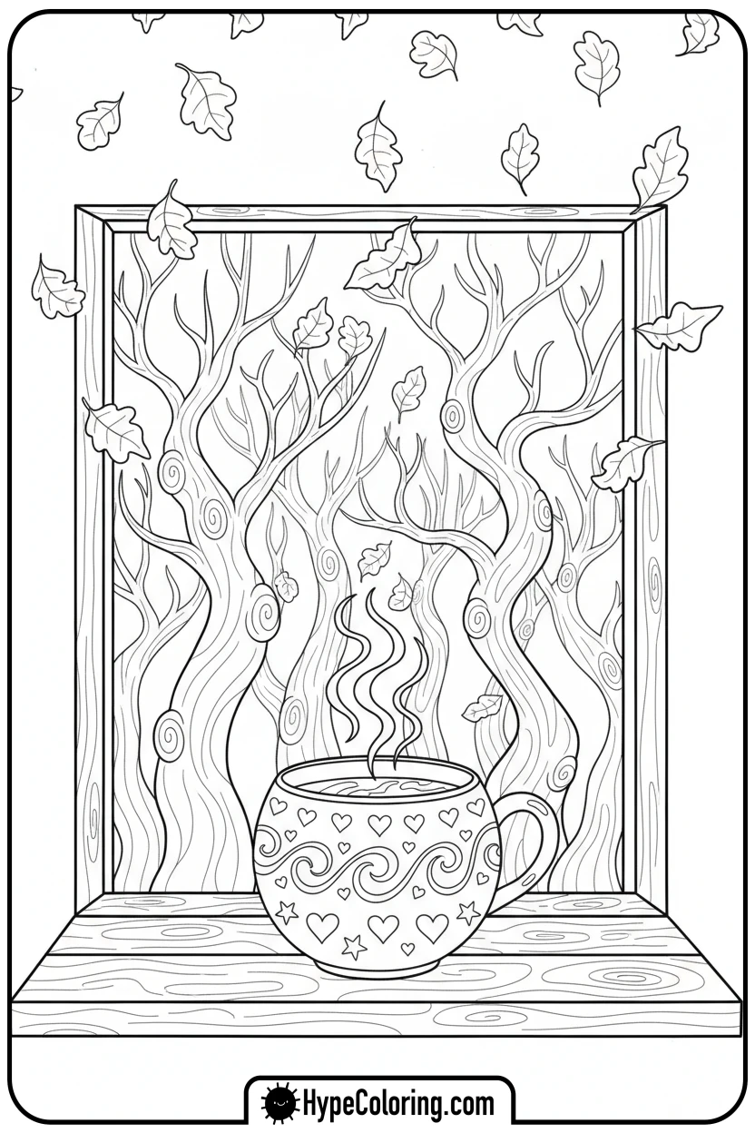 Click to download PDF hot-chocolate-by-autumn-window - october coloring pages