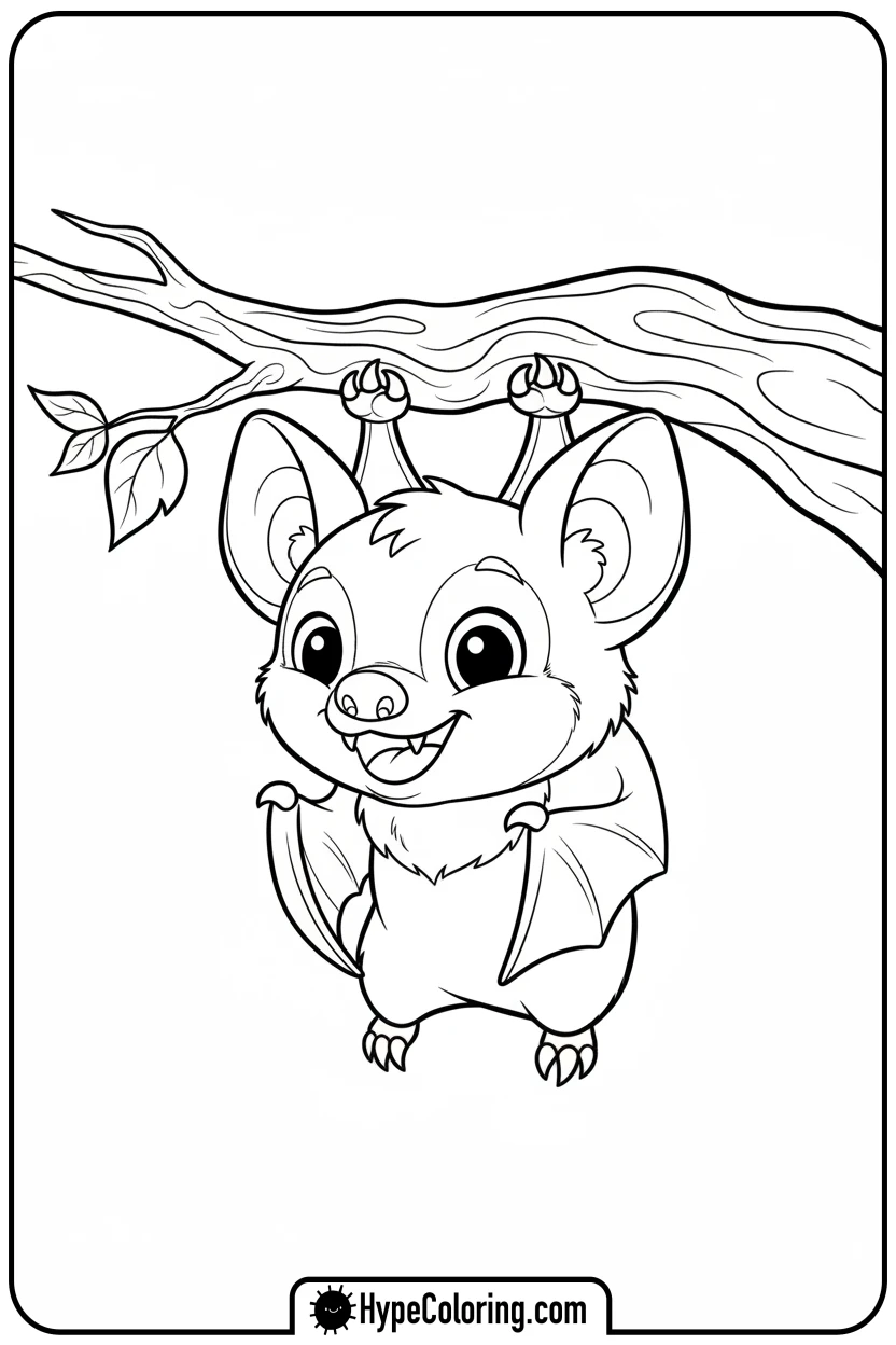 Click to download PDF friendly-bat-hanging-from-branch - october coloring pages