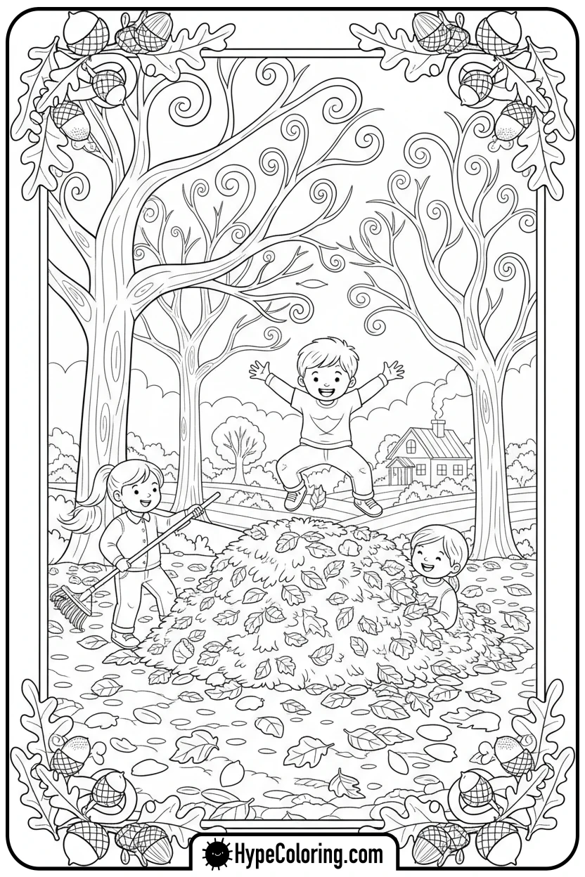 Click to download PDF children-raking-and-jumping-in-leaves - october coloring pages