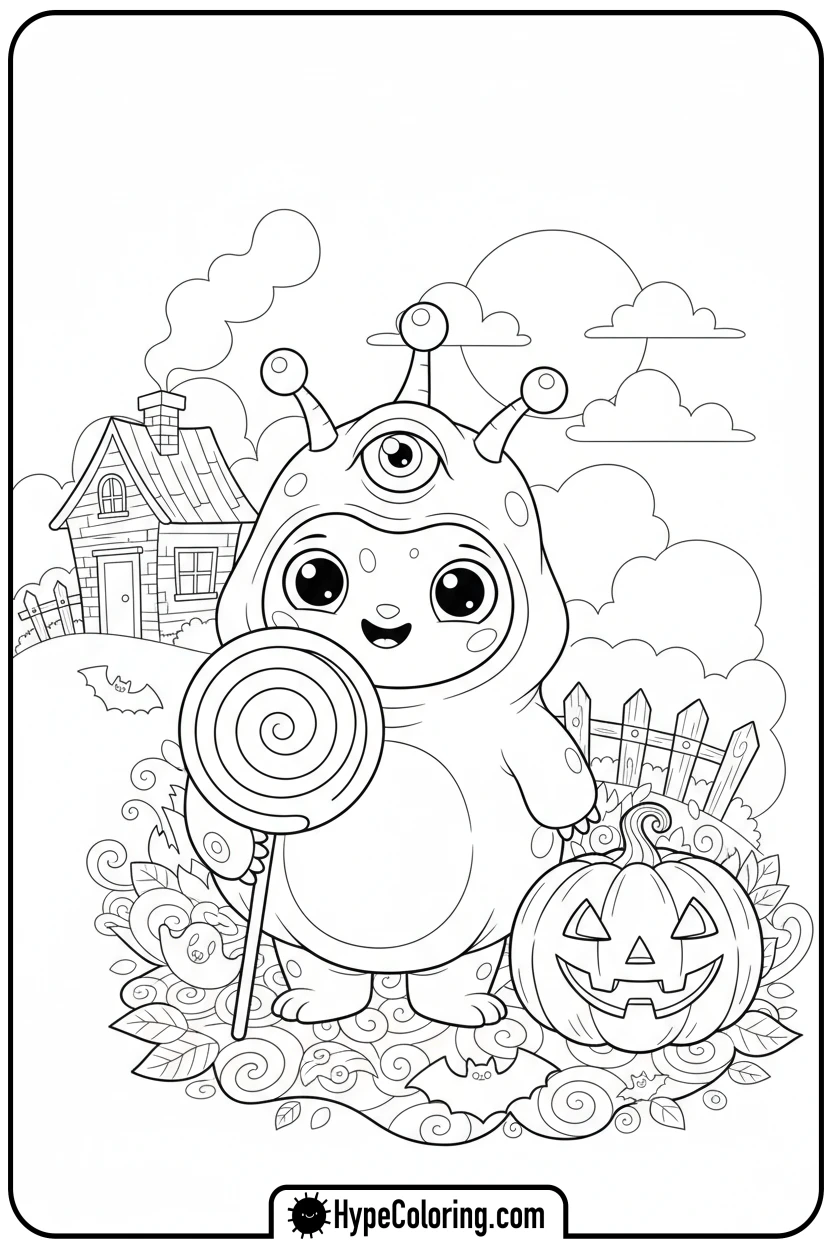 Click to download PDF cute-monster-with-lollipop-and-jack-o-lantern - october coloring pages