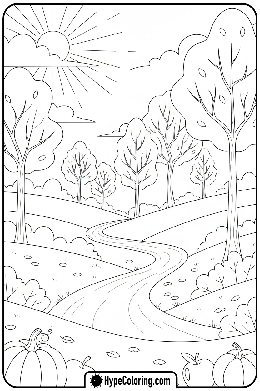 Click to download PDF colorful-autumn-landscape-with-path - october coloring pages