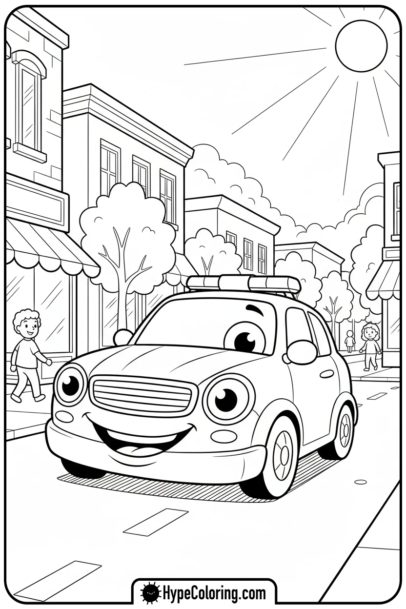 police-car-patrolling-street - police car coloring page