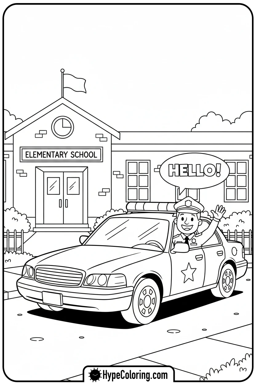 police-car-with-officer-waving - police car coloring page