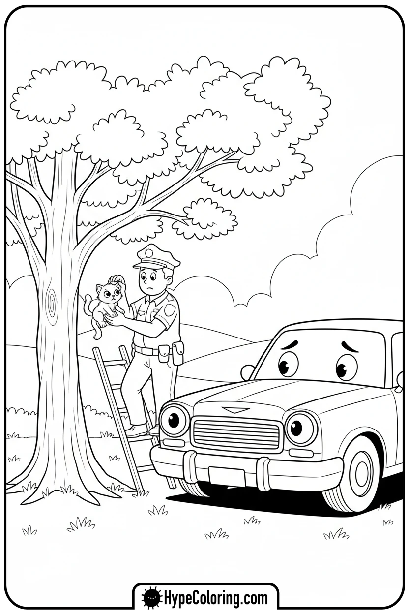 police-car-helping-a-kitten - police car coloring page