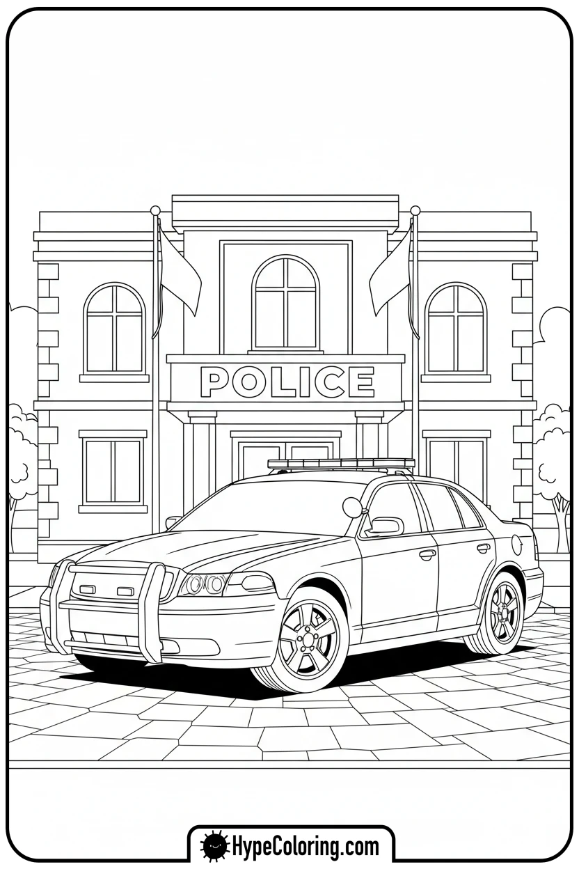 police-car-at-station - police car coloring page