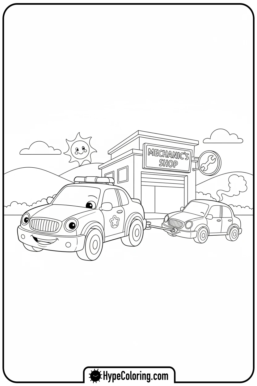 police-car-helping-broken-car - police car coloring page