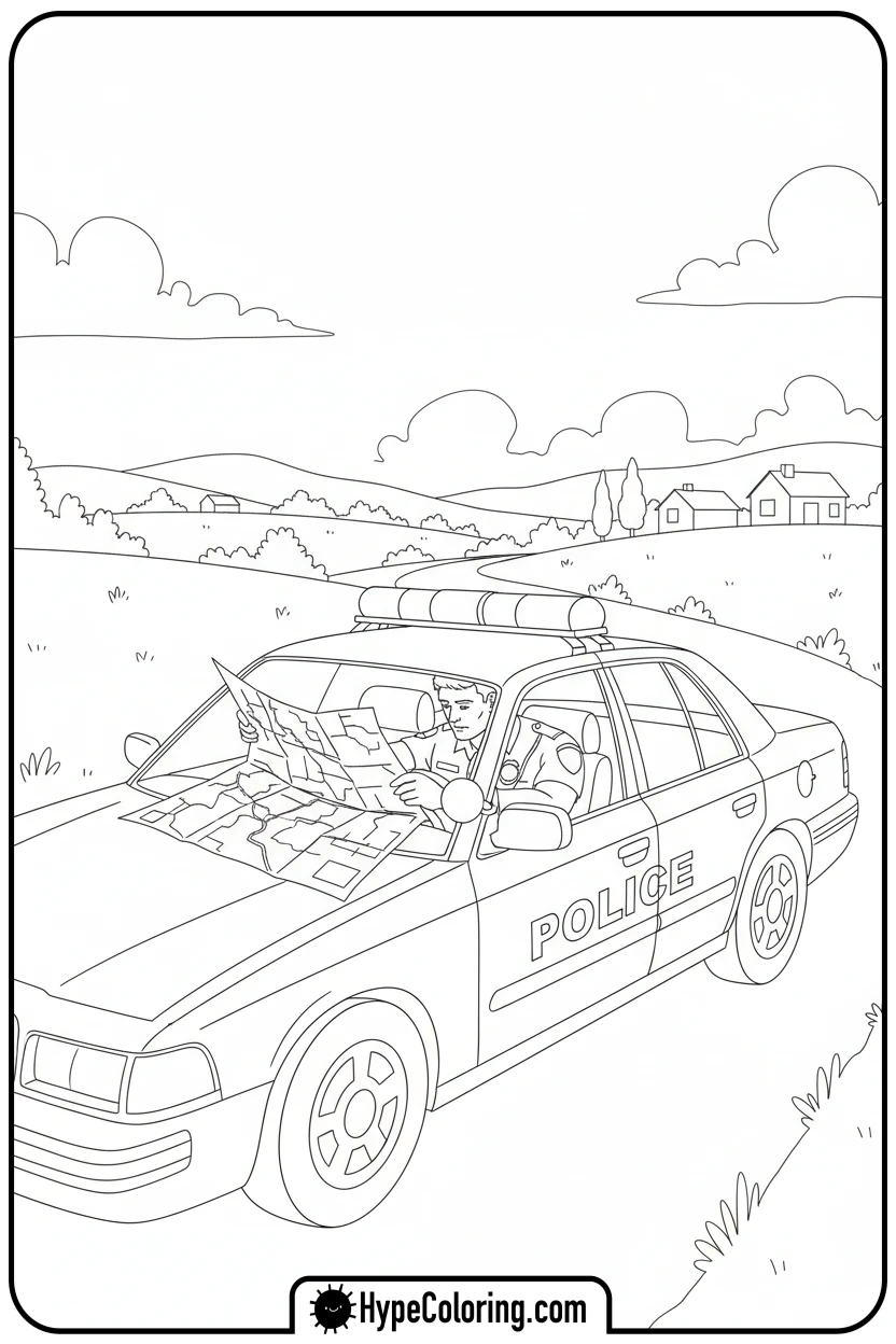 police-car-with-officer-checking-map - police car coloring page