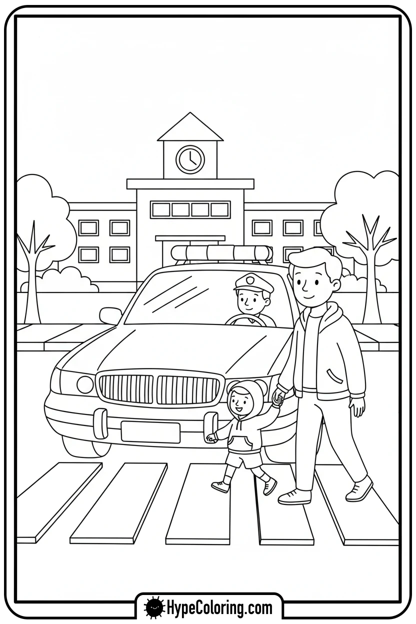 police-car-helping-family-cross - police car coloring page