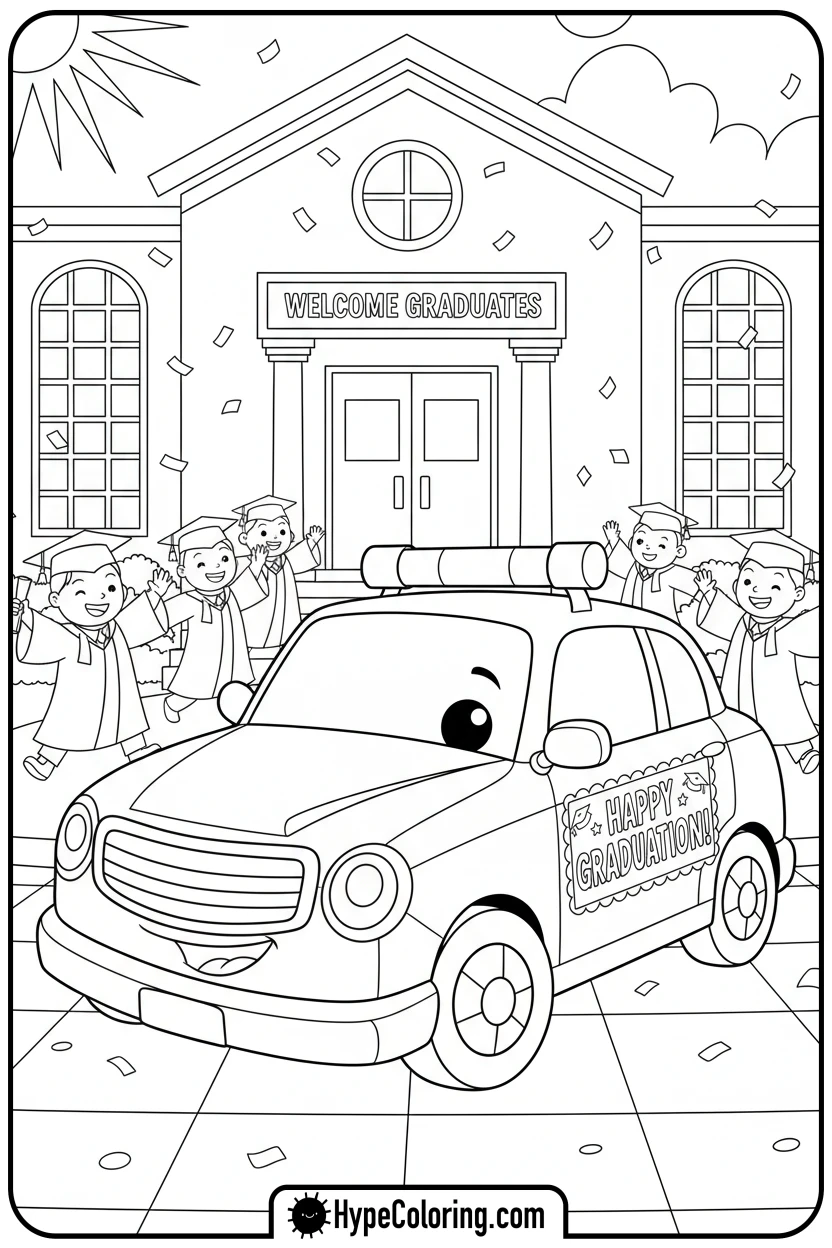 police-car-on-graduation-day - police car coloring page