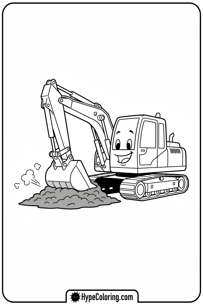smiling-excavator-digging-dirt - construction coloring pages