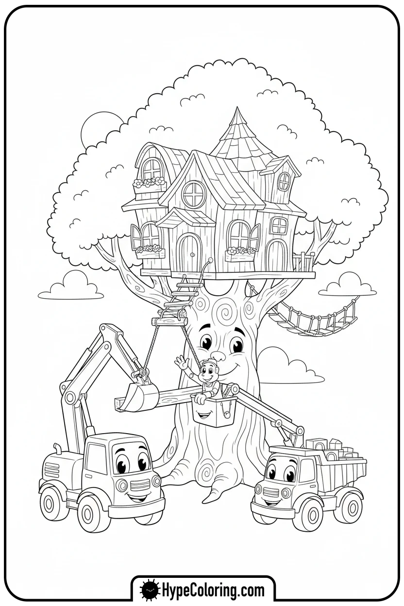 vehicles-building-treehouse - construction coloring pages