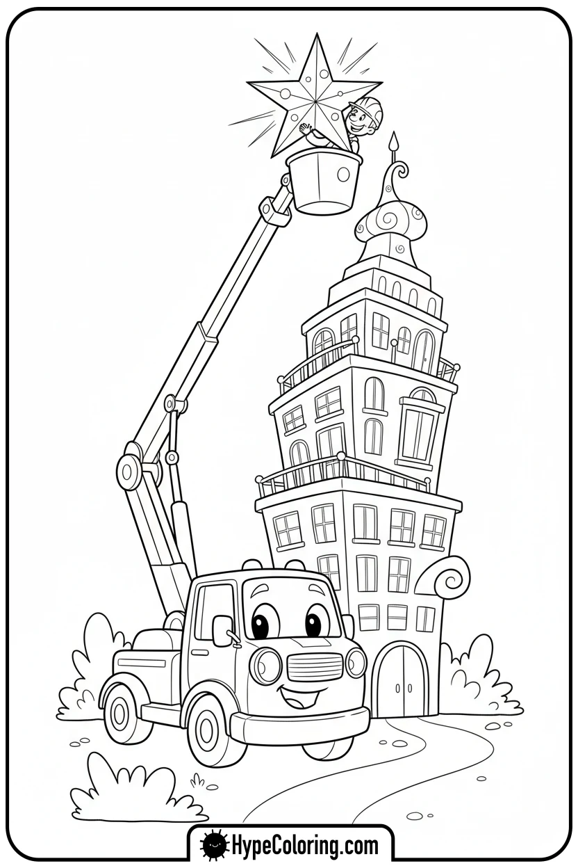 cherry-picker-placing-star - construction coloring pages