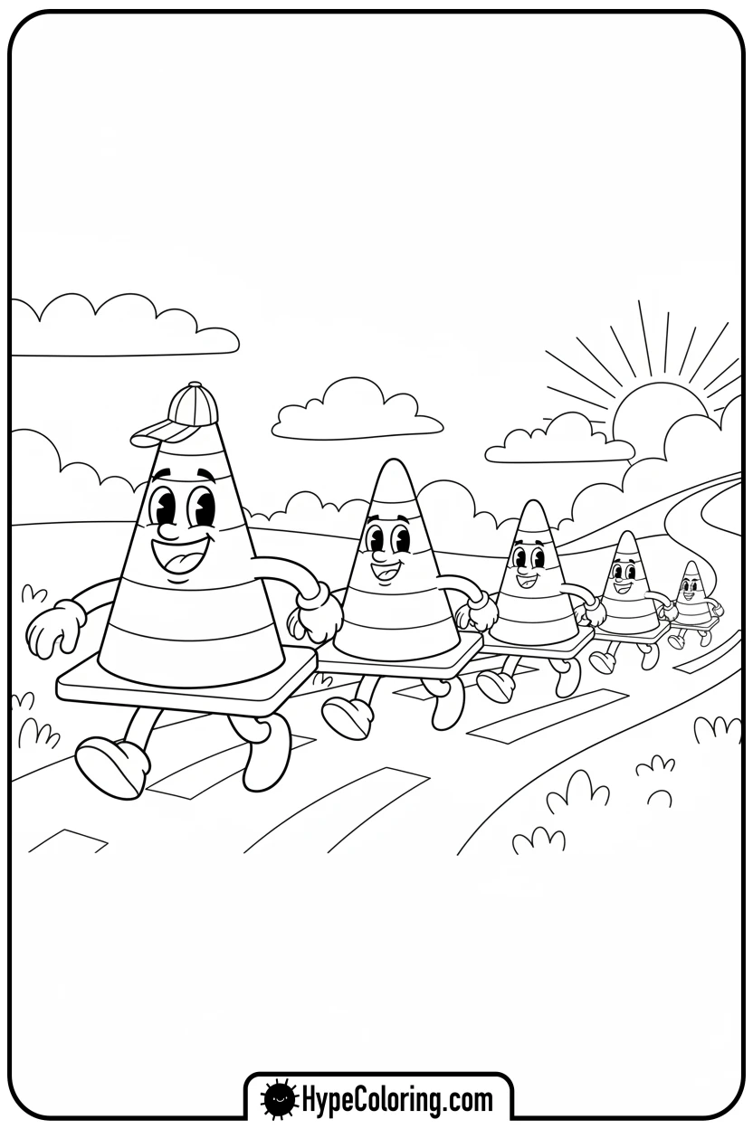 smiling-traffic-cone-parade - construction coloring pages