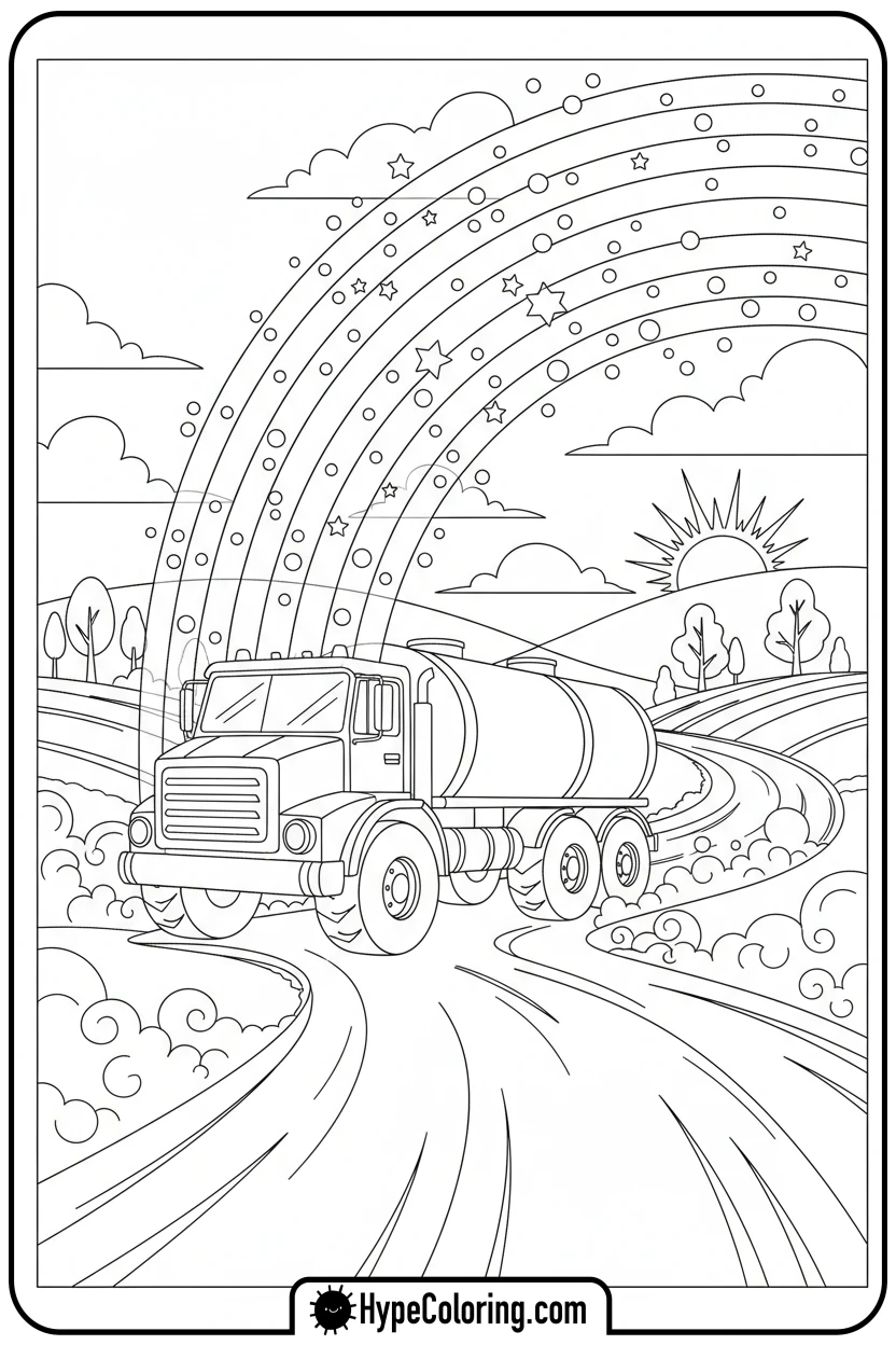 water-truck-spraying-rainbow - construction coloring pages