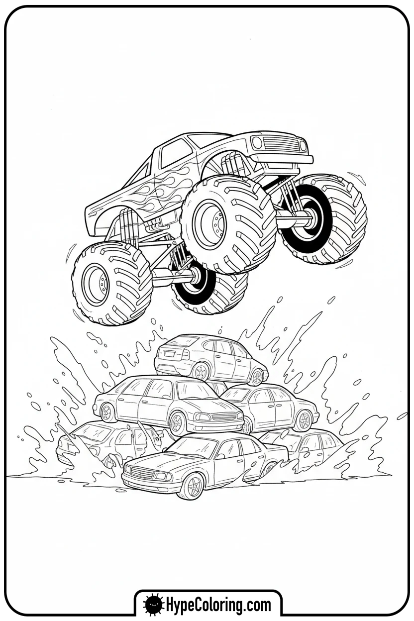 monster-truck-jumping-cars - leaf coloring page