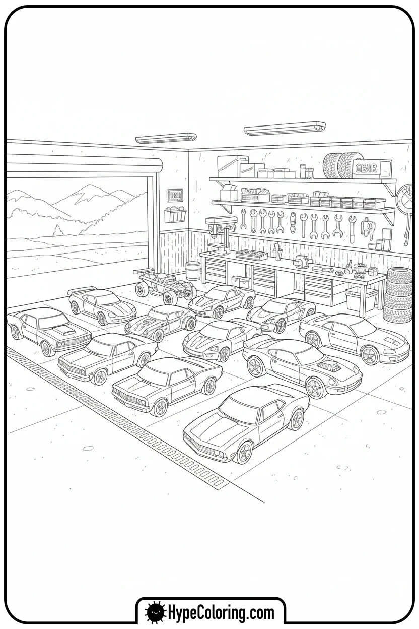 cars-in-a-garage - leaf coloring page