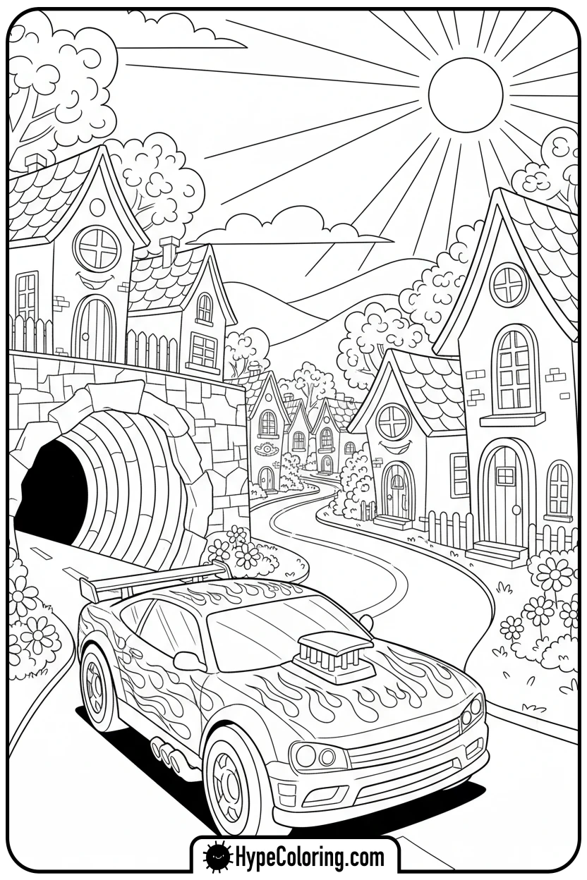 car-exiting-tunnel - leaf coloring page
