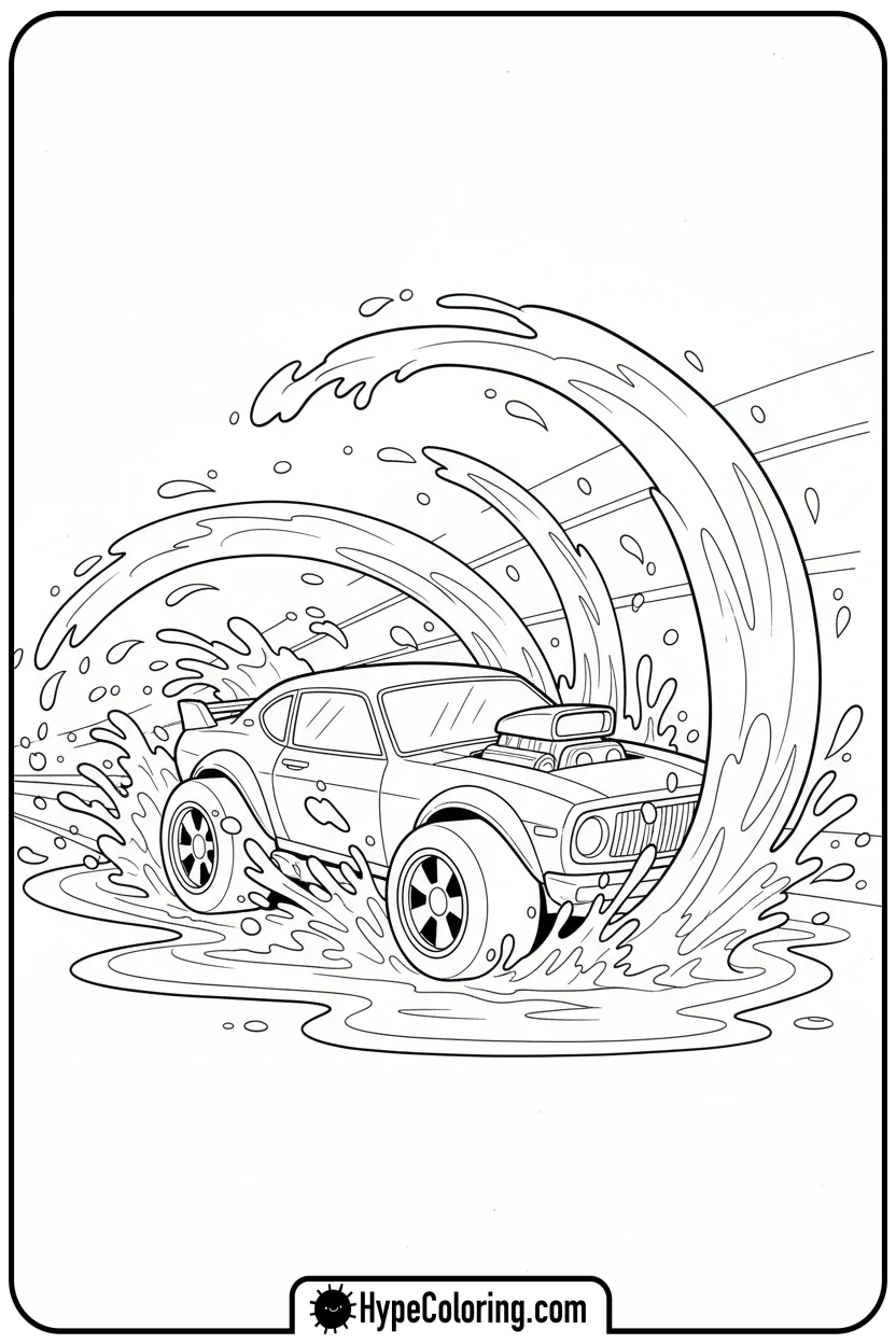 car-splashing-in-puddle - hot wheels coloring page