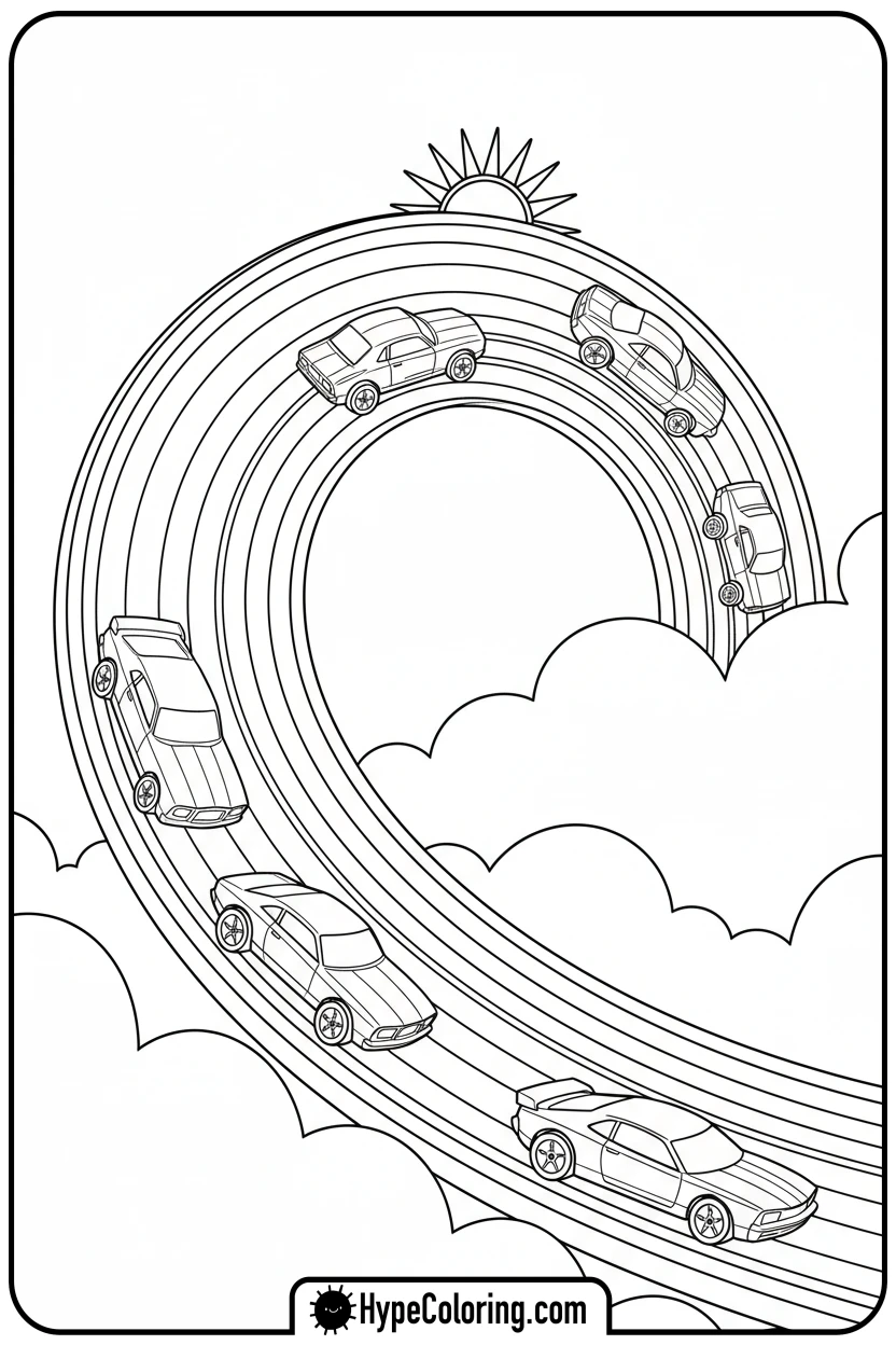 cars-on-rainbow-track - leaf coloring page