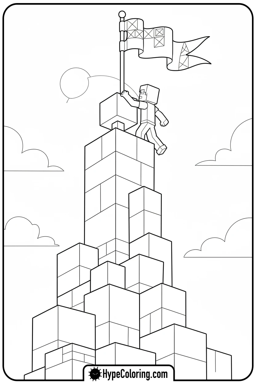Click to download PDF player-building-castle-tower - minecraft coloring pages