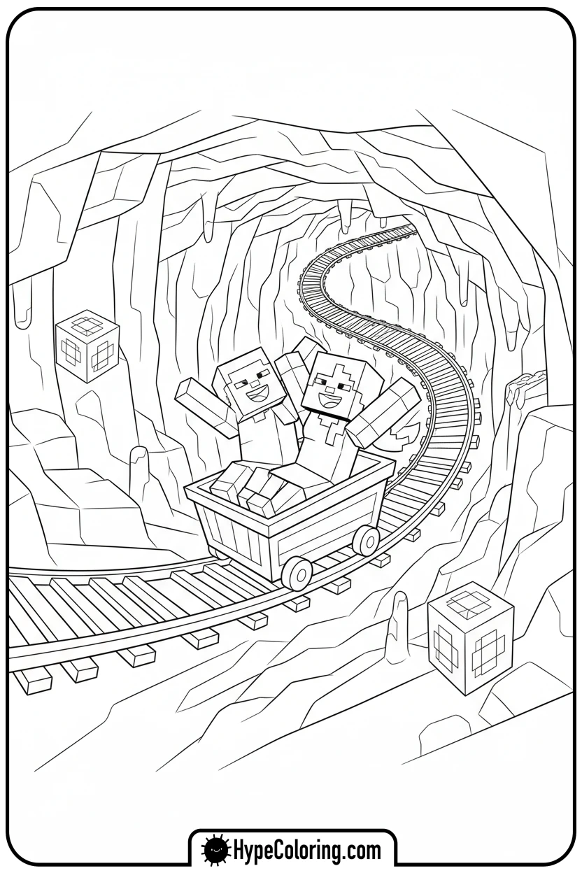 Click to download PDF players-on-minecart-ride - minecraft coloring pages