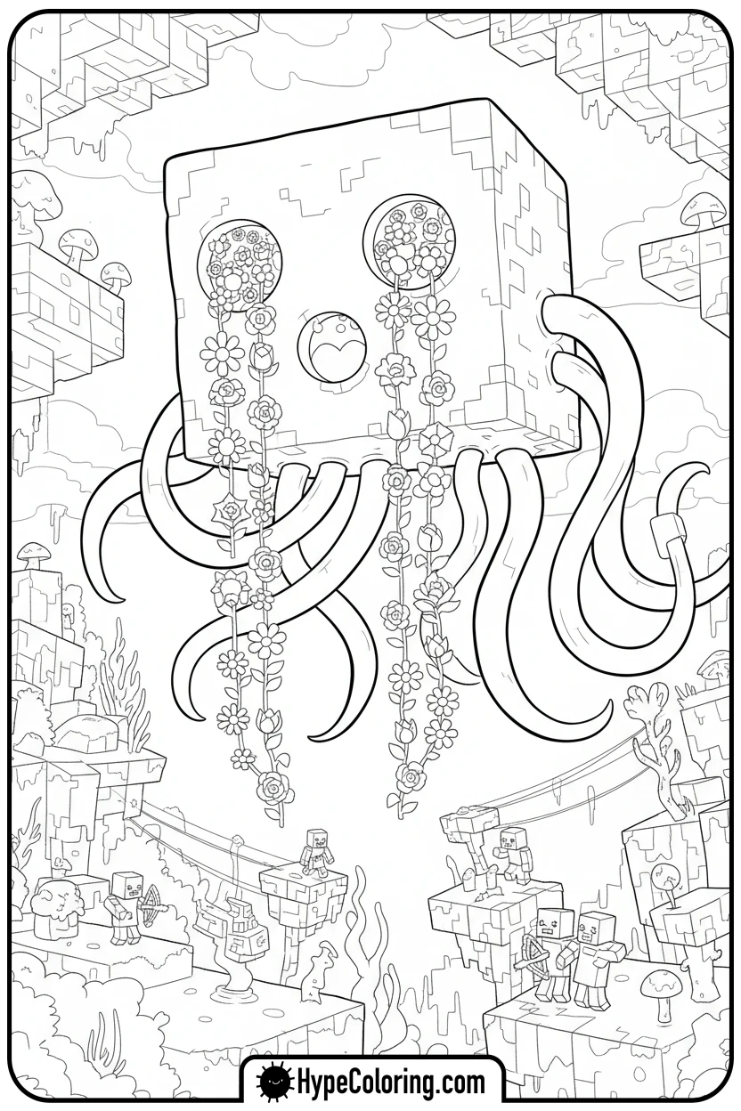 Click to download PDF ghast-crying-flowers - minecraft coloring pages