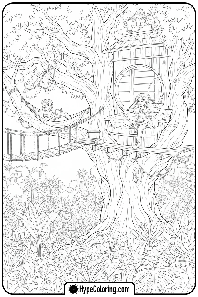 Click to download PDF players-in-treehouse - minecraft coloring pages